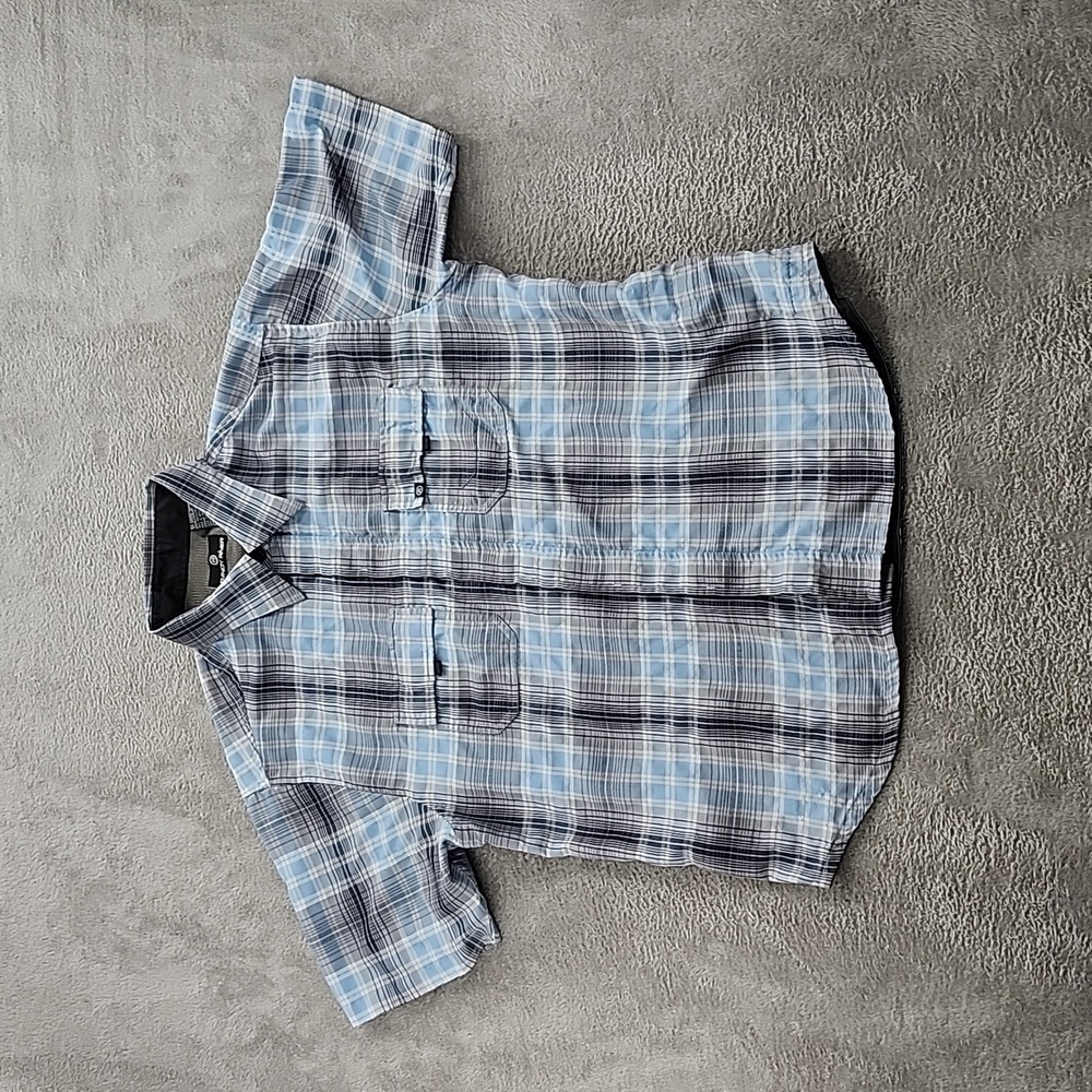 Randy River Shirt Men's Medium Short Sleeve Button Up Blue And Grey Stripe